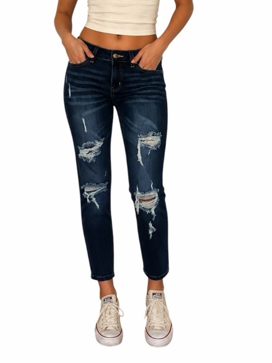 Fashion Nova Denim - Fashion Nova 5 Cropped Distressed Skinny Y2K Stretch Dark Wash Denim Jeans